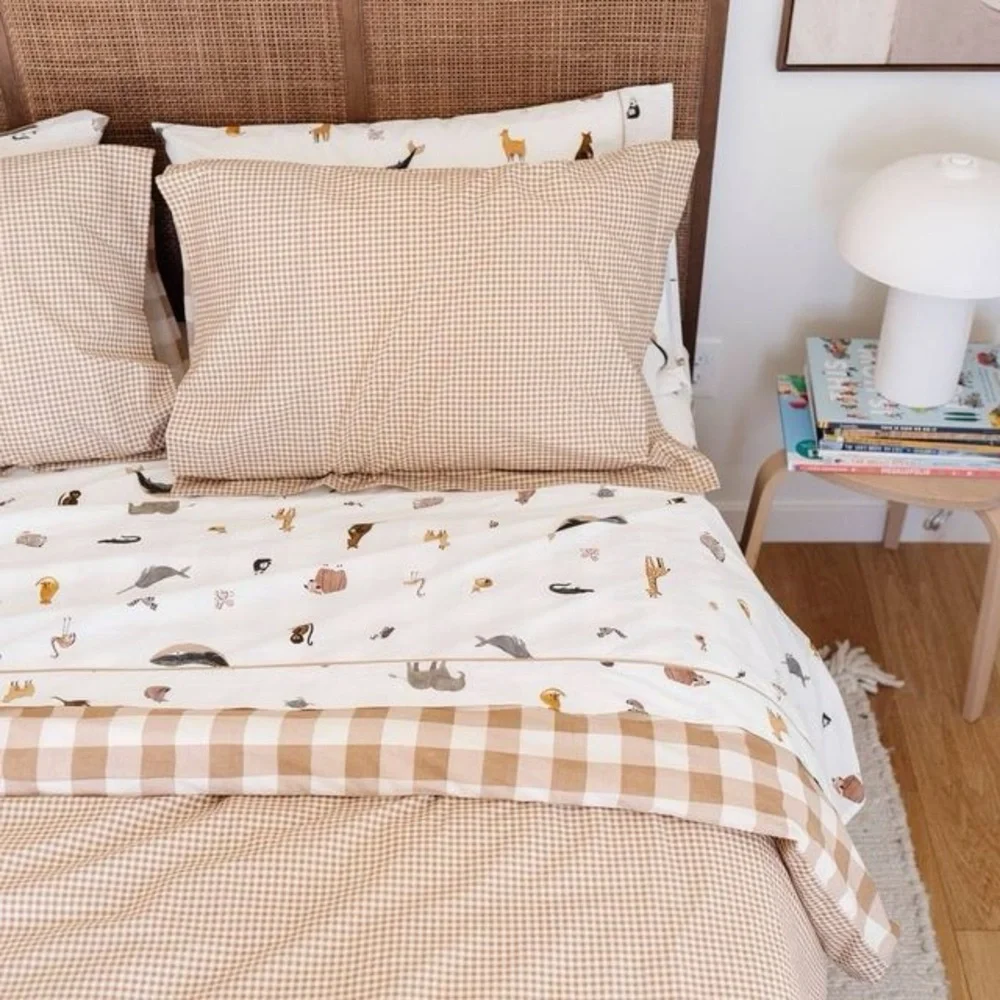Gathre 100% Cotton Duvet Set in Tan Gingham Reversible